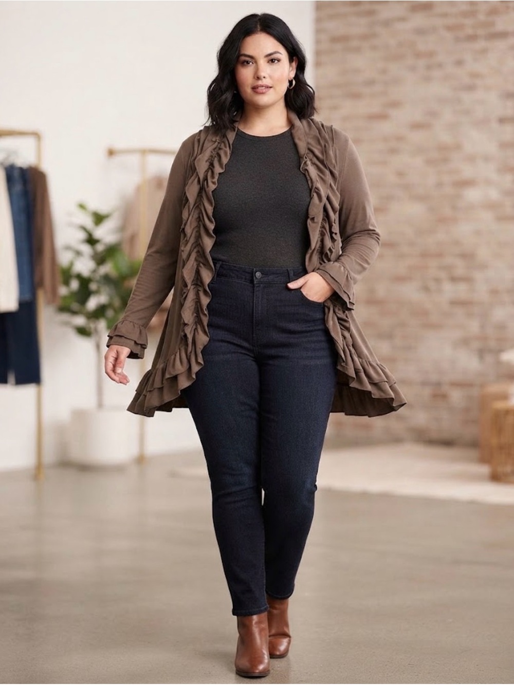 Versona Ruffled Open Front Cardigan Brown Plus Size Long Sleeve Waterfall Lapel